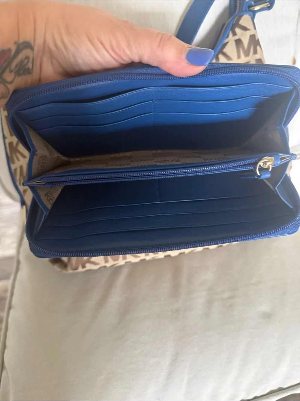 MK Signature Monogram Hobo Shoulder Bag + Zip Around Wallet Set Blue Leather
